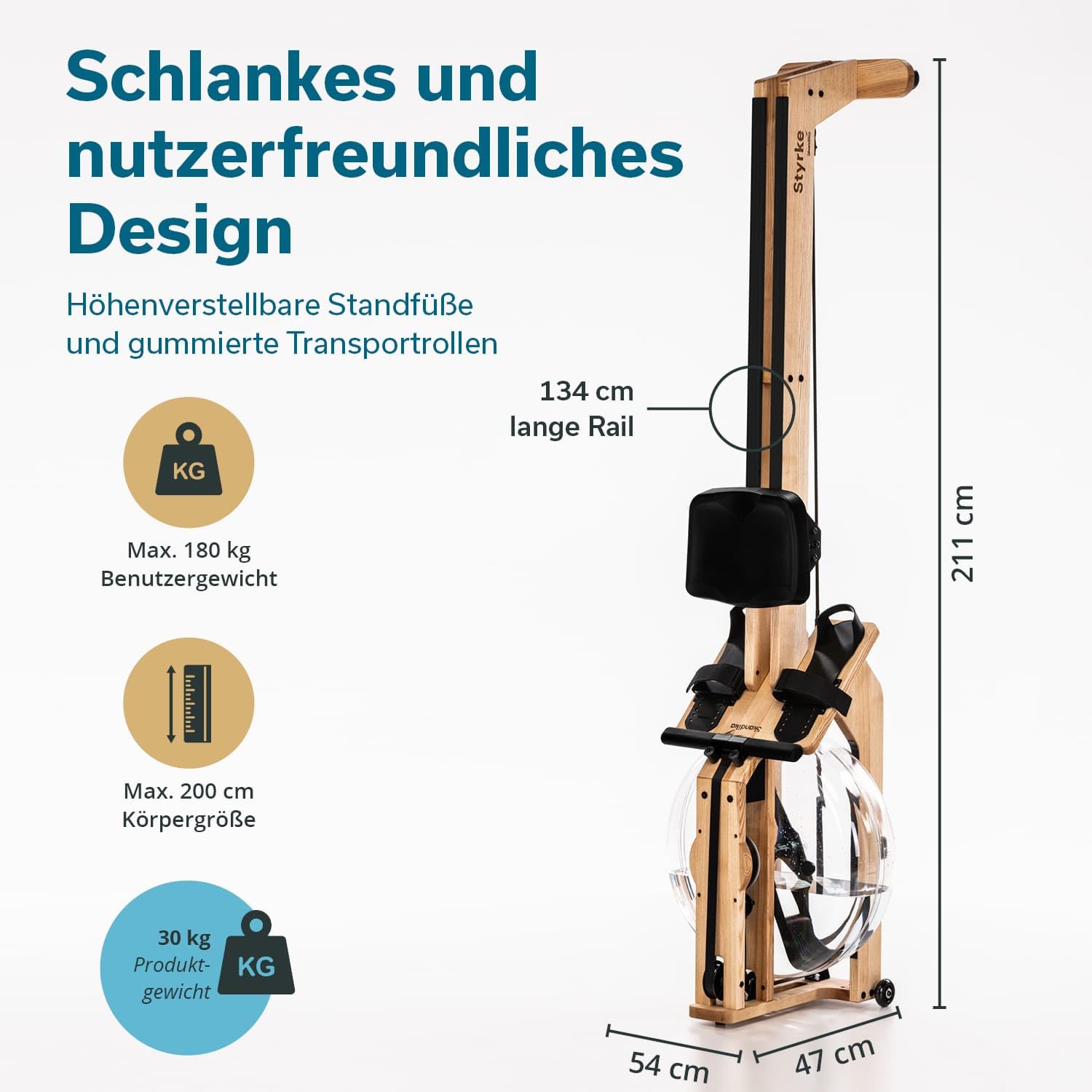 Skandika Wasserrudergerät Styrke Premium | Made in Germany, Rudergerät Wasser aus Holz, Kinomap App-Funktion, Rudermaschine für Zuhause, Massive Esche aus Deutschland, naturnahes Rudern, bis 180 kg