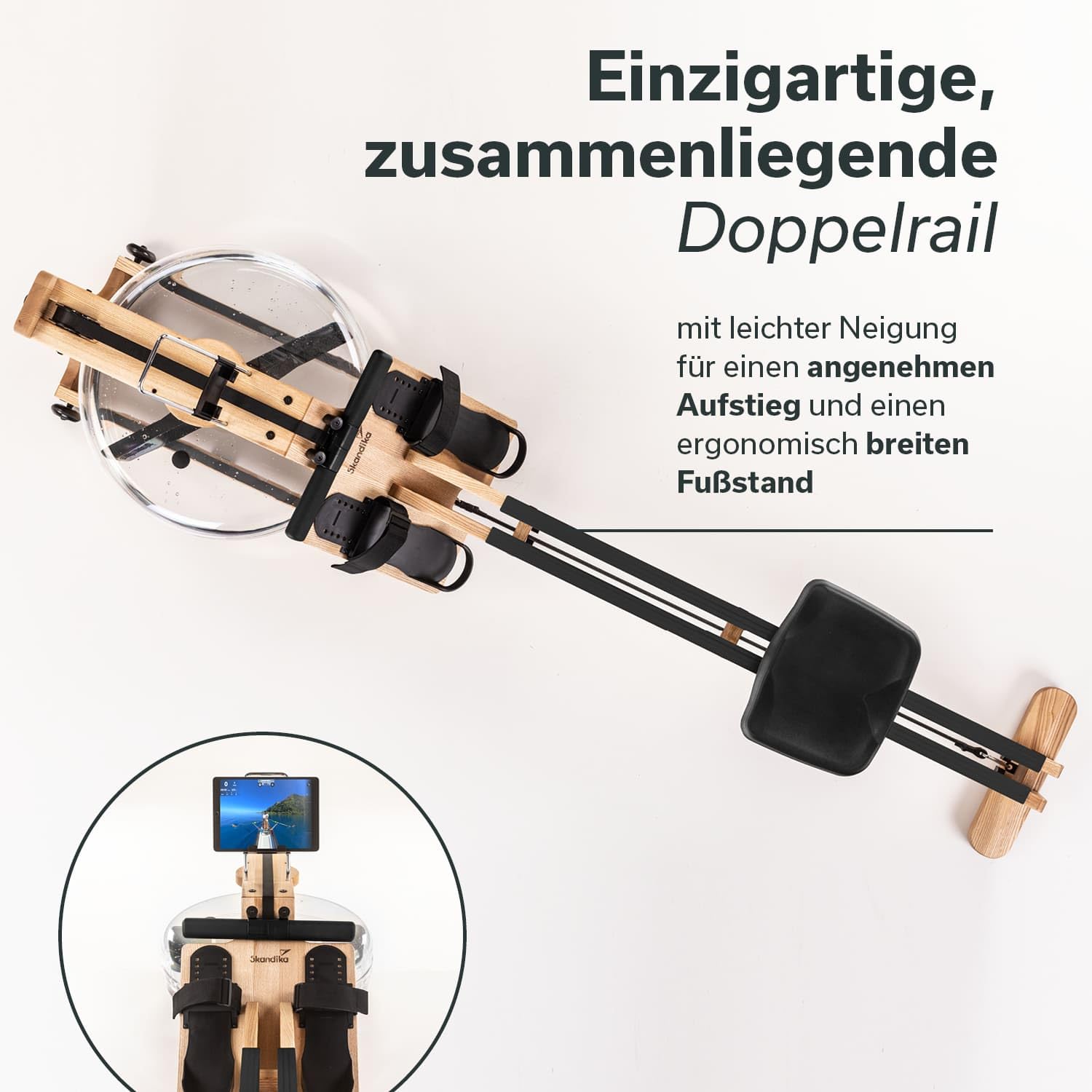 Skandika Wasserrudergerät Styrke Premium | Made in Germany, Rudergerät Wasser aus Holz, Kinomap App-Funktion, Rudermaschine für Zuhause, Massive Esche aus Deutschland, naturnahes Rudern, bis 180 kg