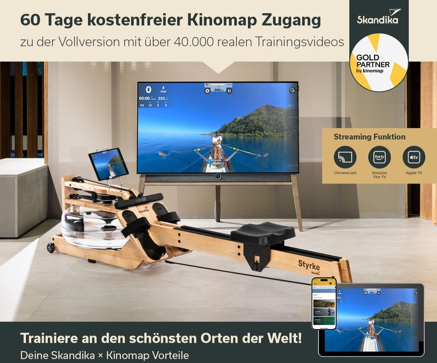 Skandika Wasserrudergerät Styrke Premium | Made in Germany, Rudergerät Wasser aus Holz, Kinomap App-Funktion, Rudermaschine für Zuhause, Massive Esche aus Deutschland, naturnahes Rudern, bis 180 kg