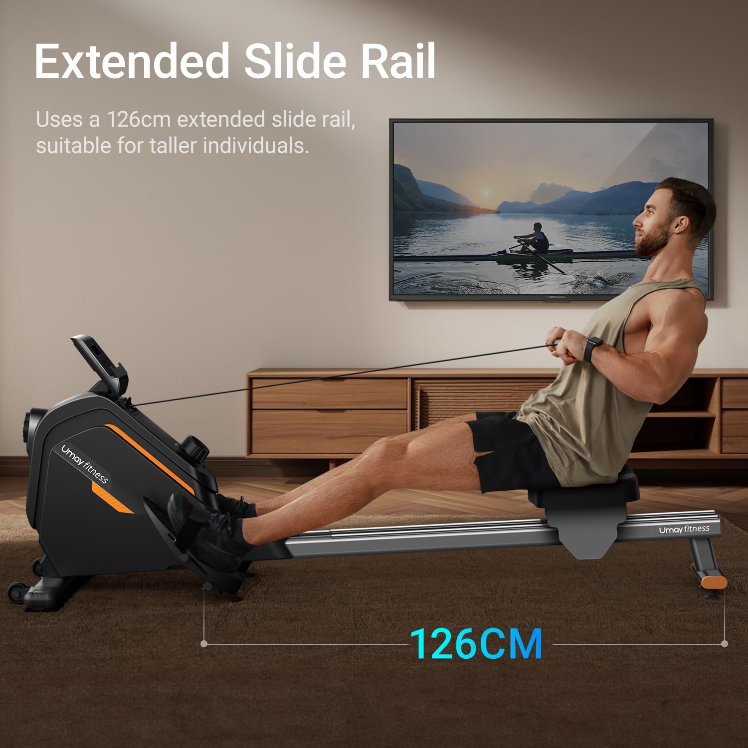 UMAY Rudergerät für Zuhause,mit Verlängertem Gleitprofil, 16-stufig Verstellbarem Magnetwiderstand, Geeignet für die Ganze Familie, Rowing Machine, Geräuscharm, Tragfähigkeit 160KG