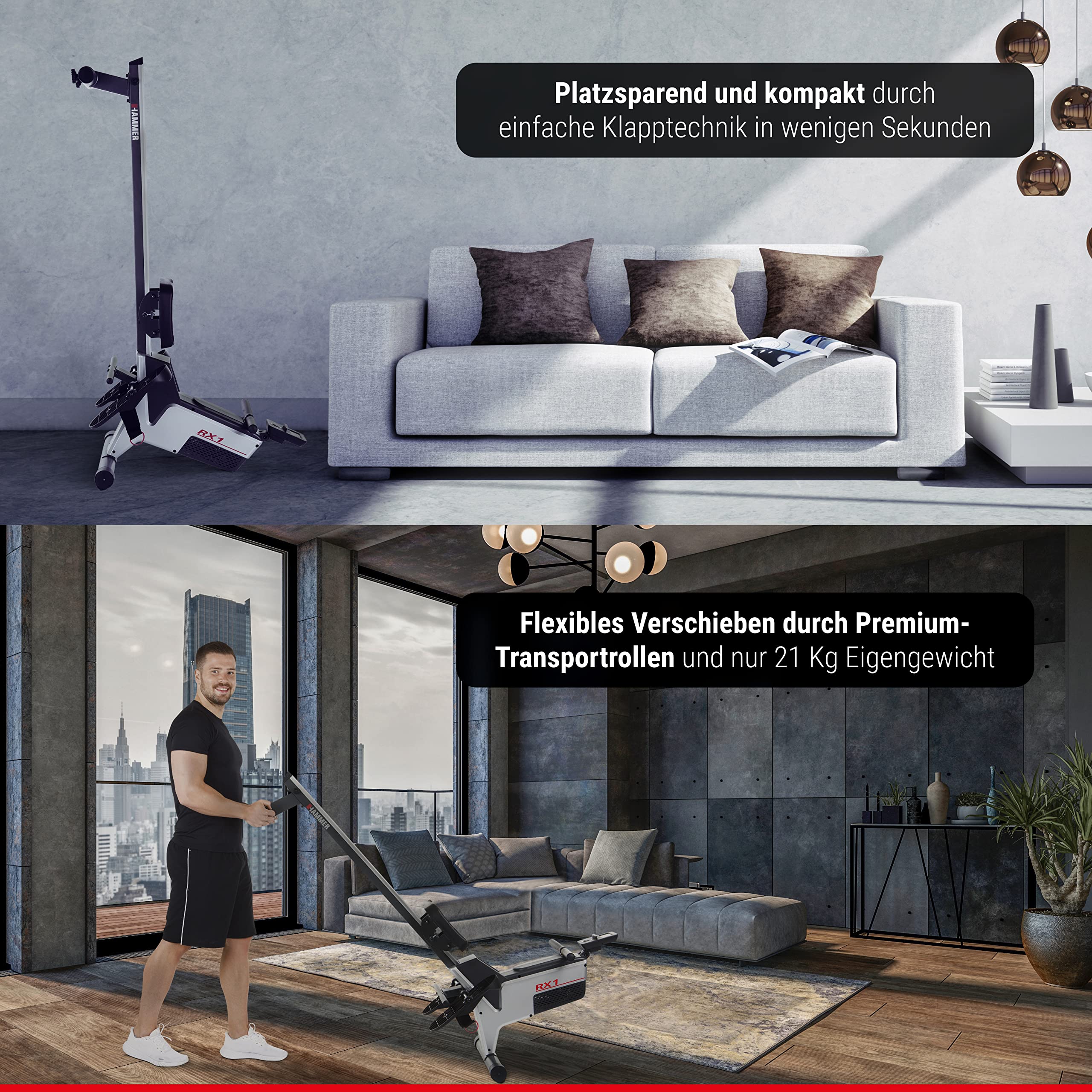 HAMMER Rudergerät RX1 für zu Hause - klappbare Rudermaschine mit Magnetbremssystem, kugelgelagertem Sitz, bis 120 kg Nutzergewicht & integriertem Pulsempfänger für Brustgurte