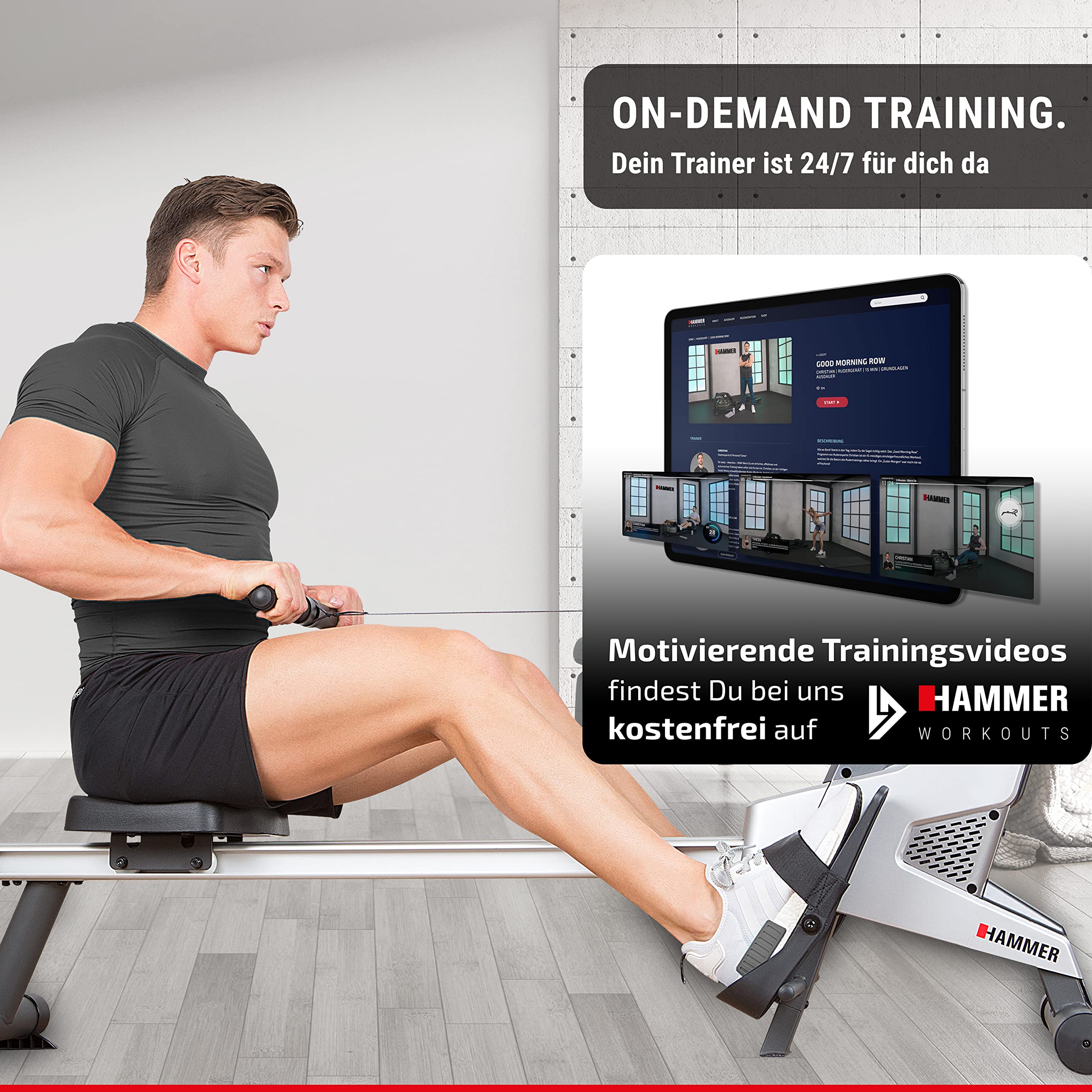 HAMMER Rudergerät RX1 für zu Hause - klappbare Rudermaschine mit Magnetbremssystem, kugelgelagertem Sitz, bis 120 kg Nutzergewicht & integriertem Pulsempfänger für Brustgurte