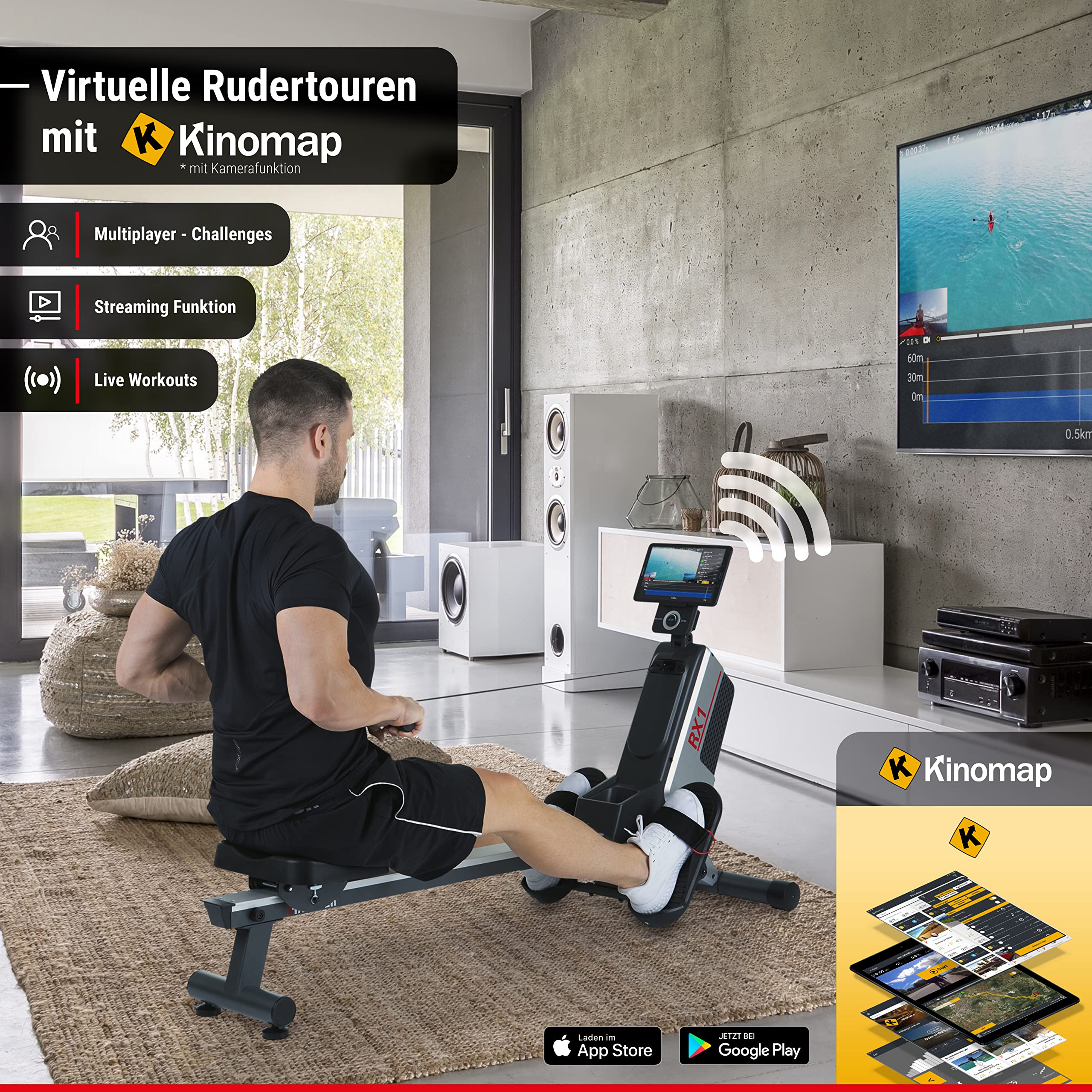 HAMMER Rudergerät RX1 für zu Hause - klappbare Rudermaschine mit Magnetbremssystem, kugelgelagertem Sitz, bis 120 kg Nutzergewicht & integriertem Pulsempfänger für Brustgurte