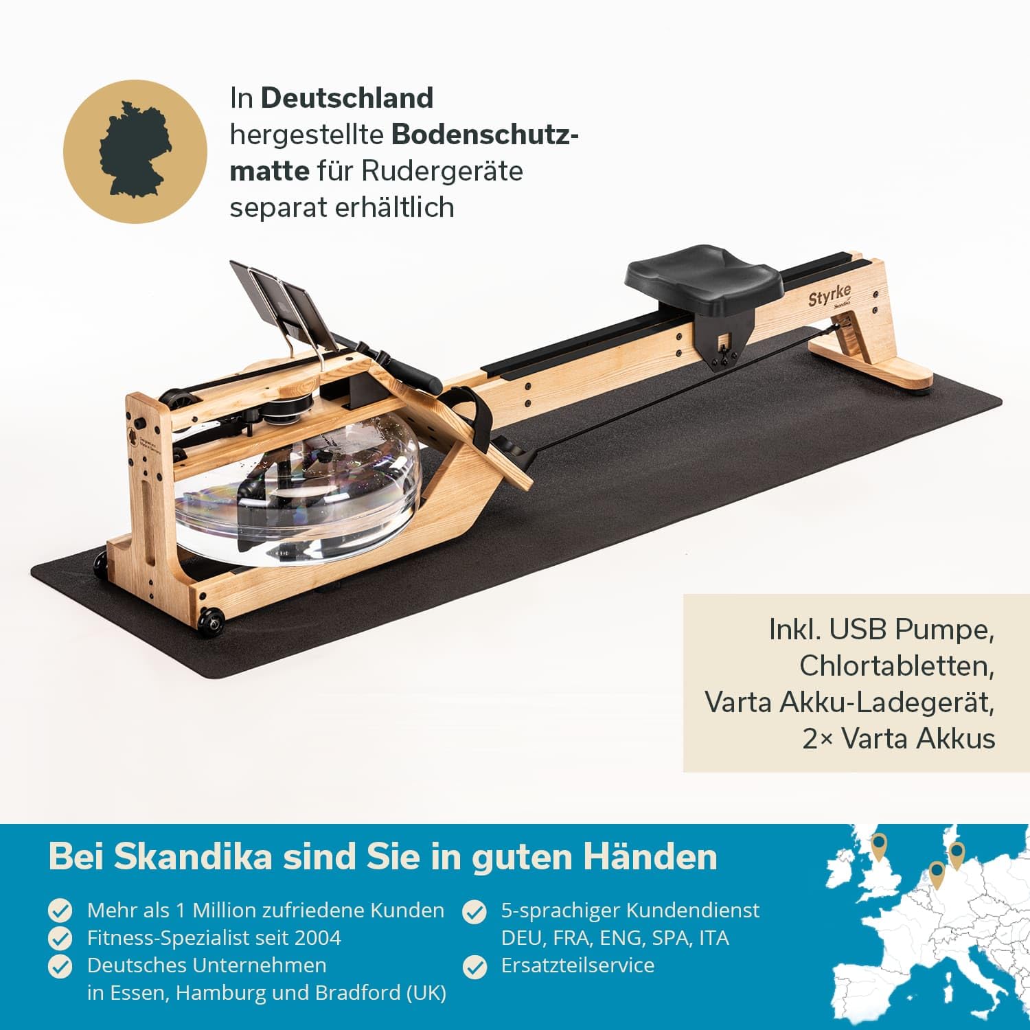 Skandika Wasserrudergerät Styrke Premium | Made in Germany, Rudergerät Wasser aus Holz, Kinomap App-Funktion, Rudermaschine für Zuhause, Massive Esche aus Deutschland, naturnahes Rudern, bis 180 kg