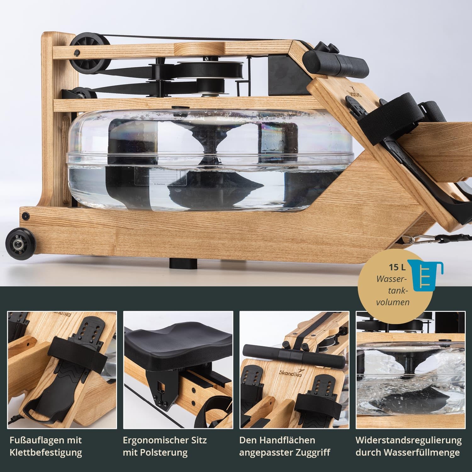 Skandika Wasserrudergerät Styrke Premium | Made in Germany, Rudergerät Wasser aus Holz, Kinomap App-Funktion, Rudermaschine für Zuhause, Massive Esche aus Deutschland, naturnahes Rudern, bis 180 kg