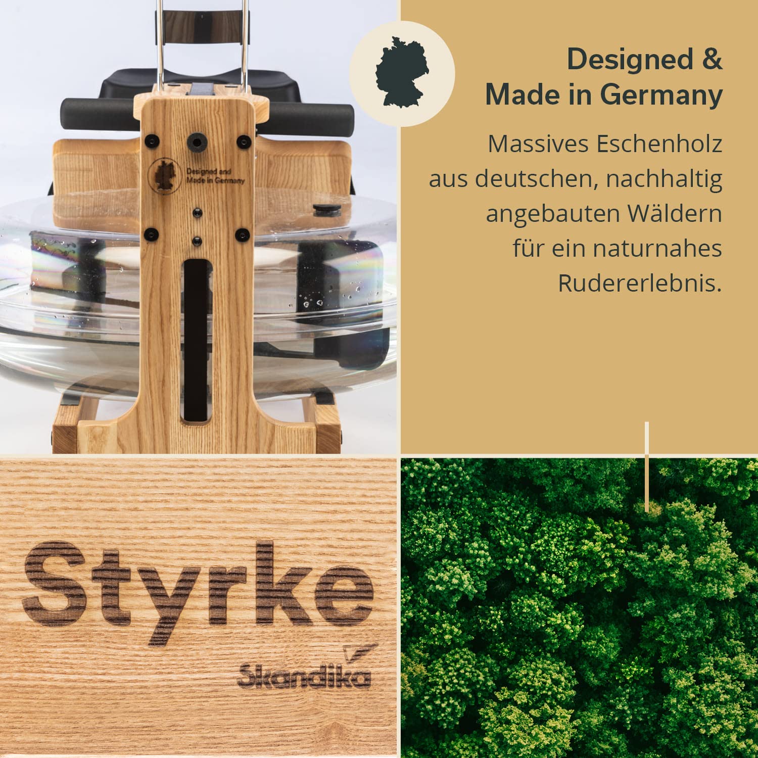Skandika Wasserrudergerät Styrke Premium | Made in Germany, Rudergerät Wasser aus Holz, Kinomap App-Funktion, Rudermaschine für Zuhause, Massive Esche aus Deutschland, naturnahes Rudern, bis 180 kg