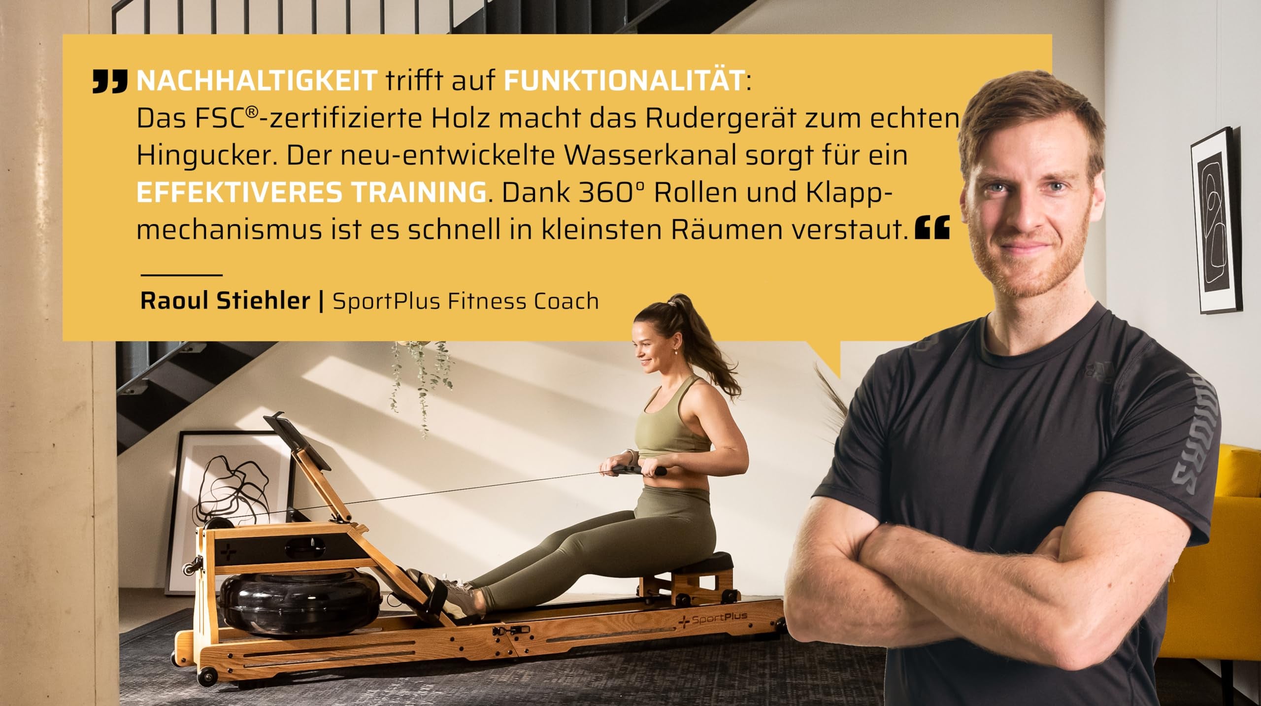 SportPlus Rudergerät für zuhause klappbar - Rudergerät Wasser Holz - Rudergerät Holz Massive Eiche FSC®-Zertifiziert - Rudermaschine Trainingscomputer App-kompatibel - Wasserrudergerät Holz 150 kg