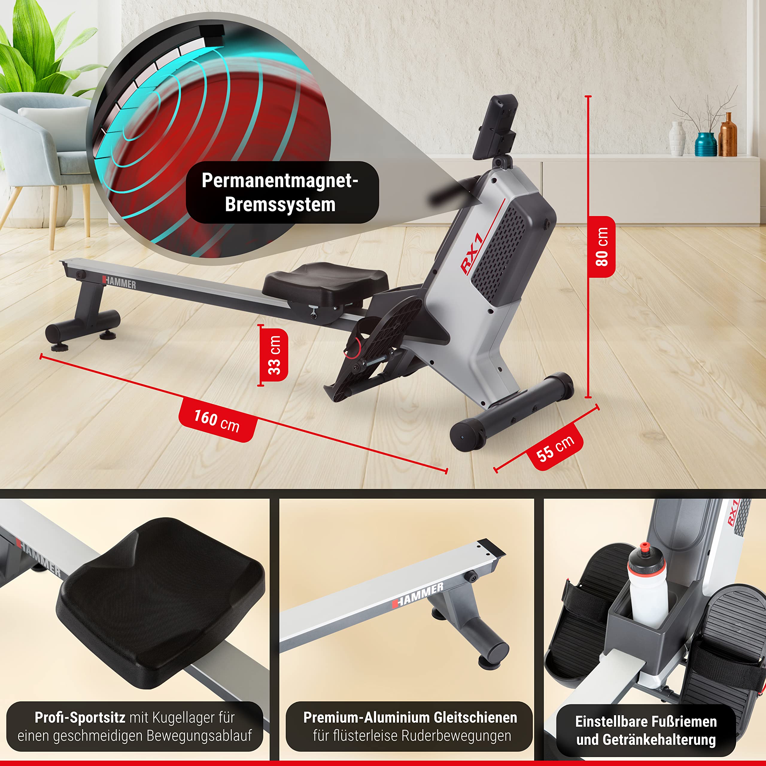 HAMMER Rudergerät RX1 für zu Hause - klappbare Rudermaschine mit Magnetbremssystem, kugelgelagertem Sitz, bis 120 kg Nutzergewicht & integriertem Pulsempfänger für Brustgurte