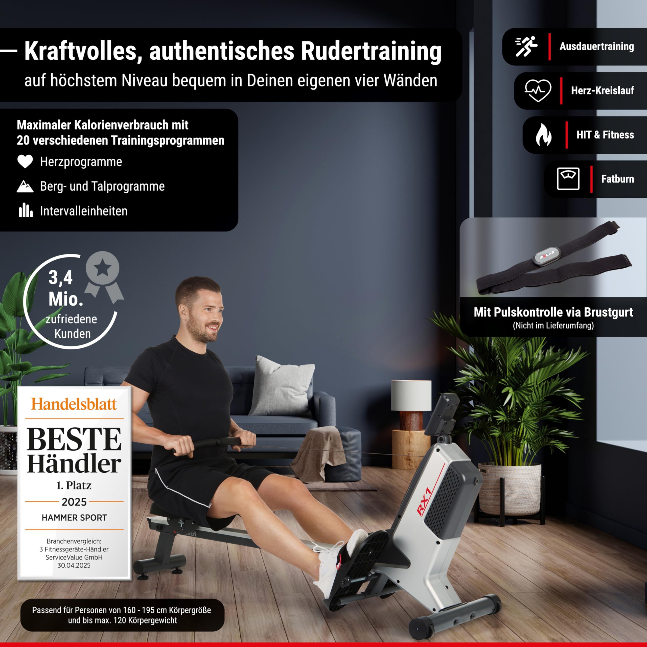 HAMMER Rudergerät RX1 für zu Hause - klappbare Rudermaschine mit Magnetbremssystem, kugelgelagertem Sitz, bis 120 kg Nutzergewicht & integriertem Pulsempfänger für Brustgurte